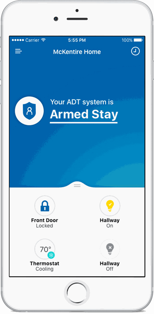 ADT Control app showing an armed home security system and connected home controls