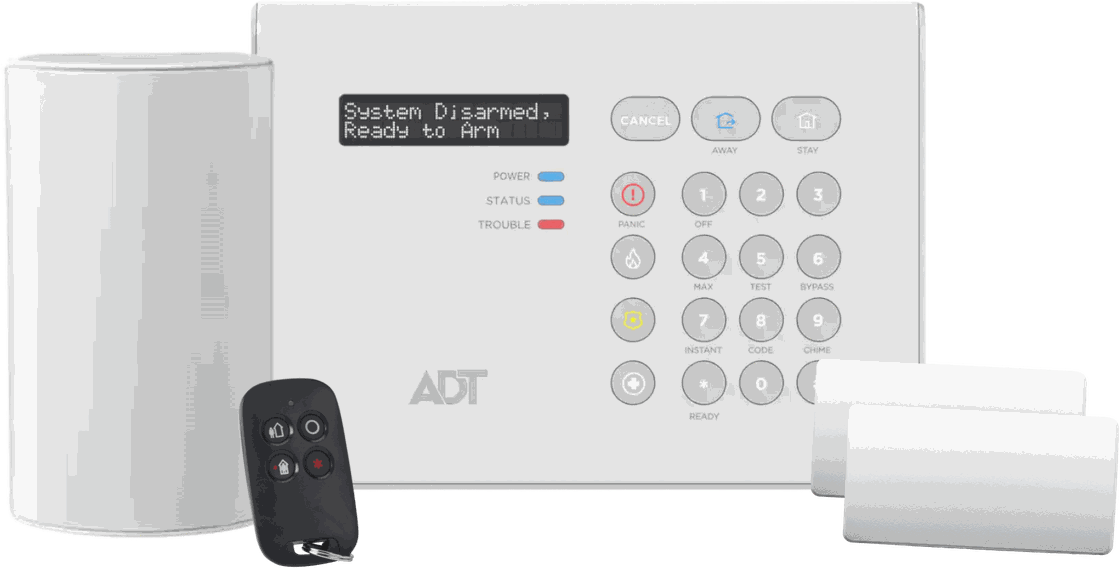 ADT-monitored home security equipment available through SafeStreets: control panel, motion sensor, key fob and door and window sensors